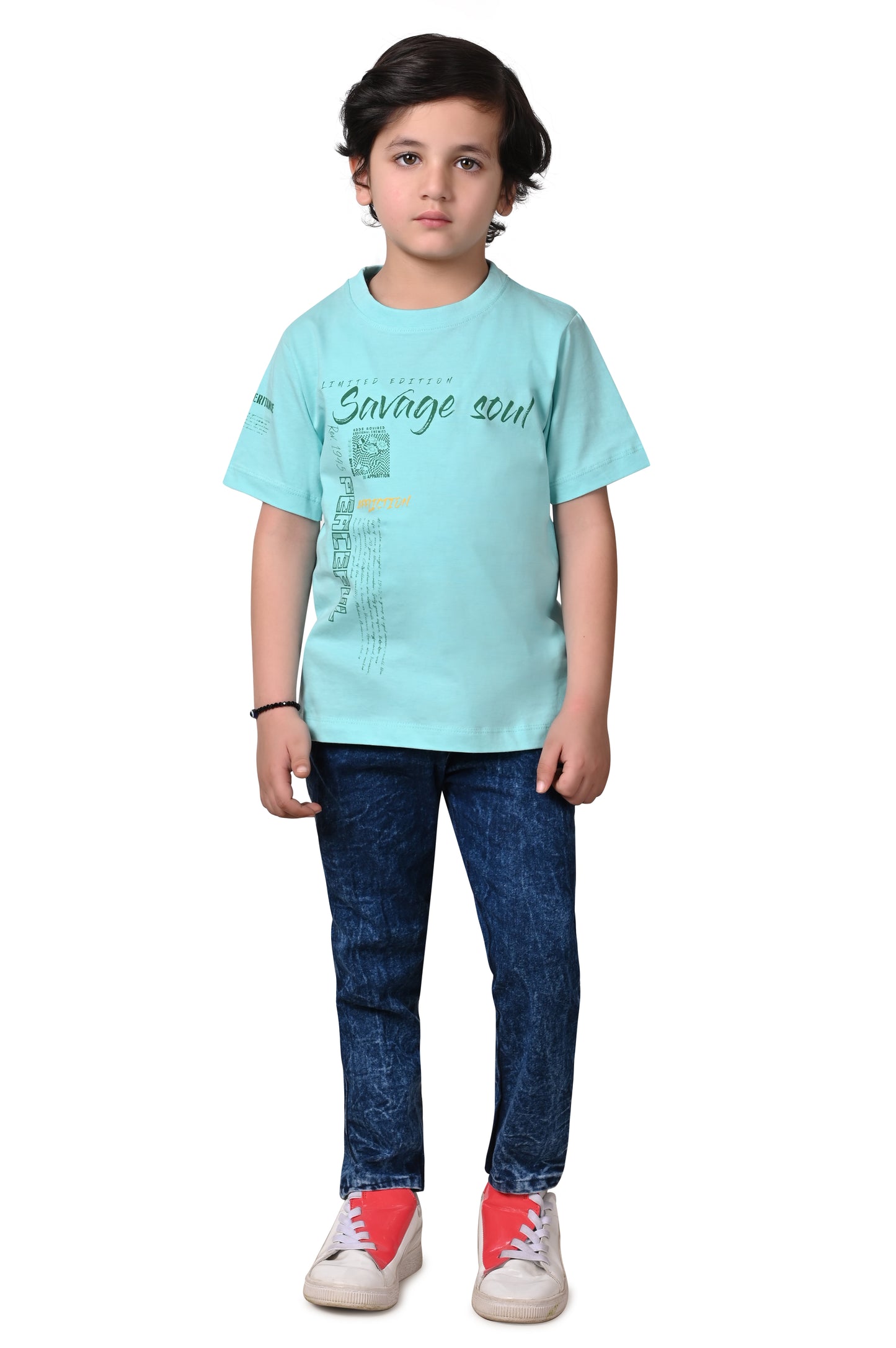 Ice Blue Printed Boys' T-Shirt - Regular Fit Half Sleeves
