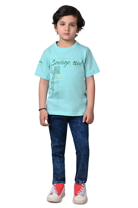 Ice Blue Printed Boys' T-Shirt - Casual, Regular Fit, Half Sleeves