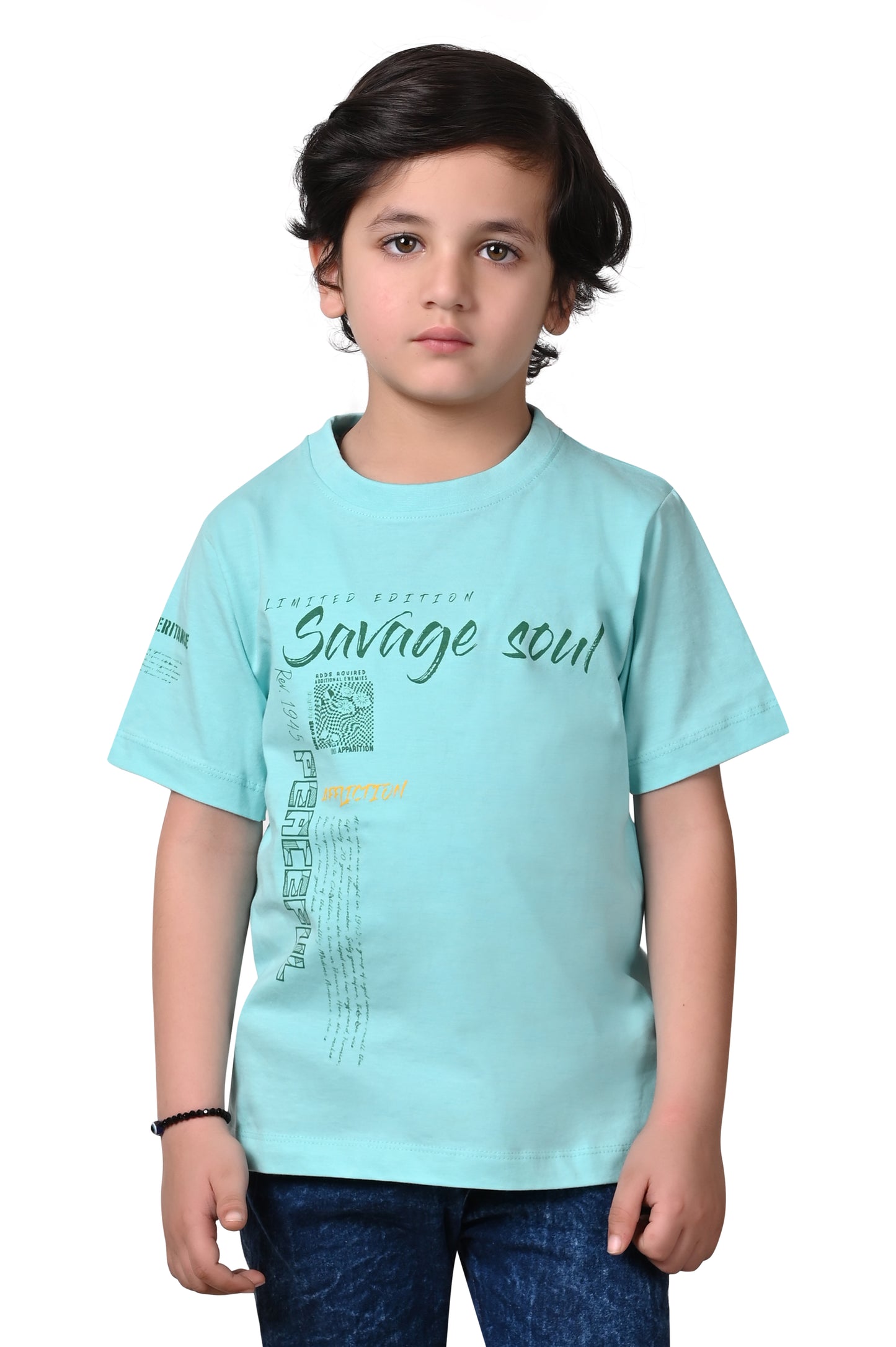 Ice Blue Printed Boys' T-Shirt - Regular Fit Half Sleeves