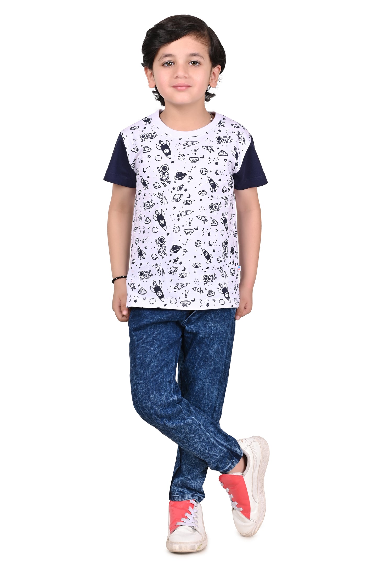 Blue and White Boys Cotton T-Shirt Printed and Comfortable