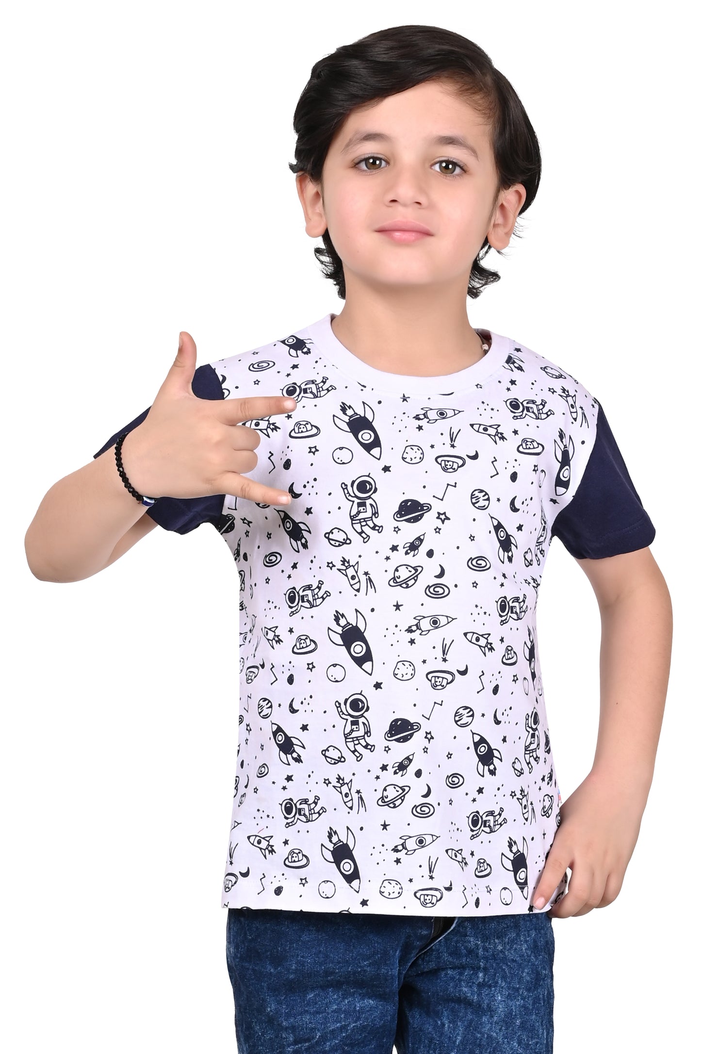 Blue and White Boys Cotton T-Shirt Printed and Comfortable
