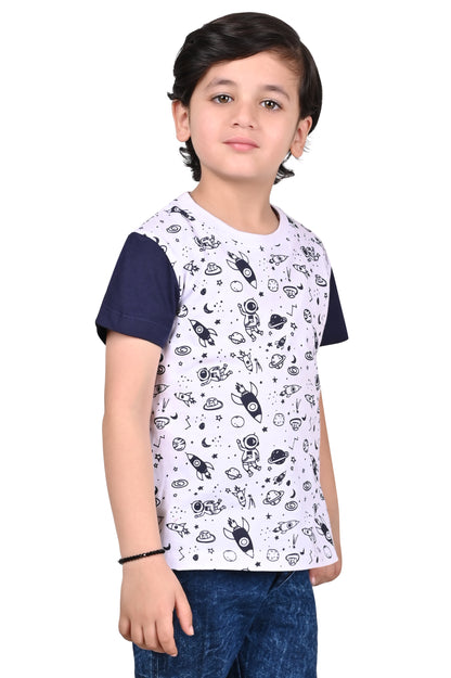 Blue and White Boys Cotton T-Shirt Printed and Comfortable