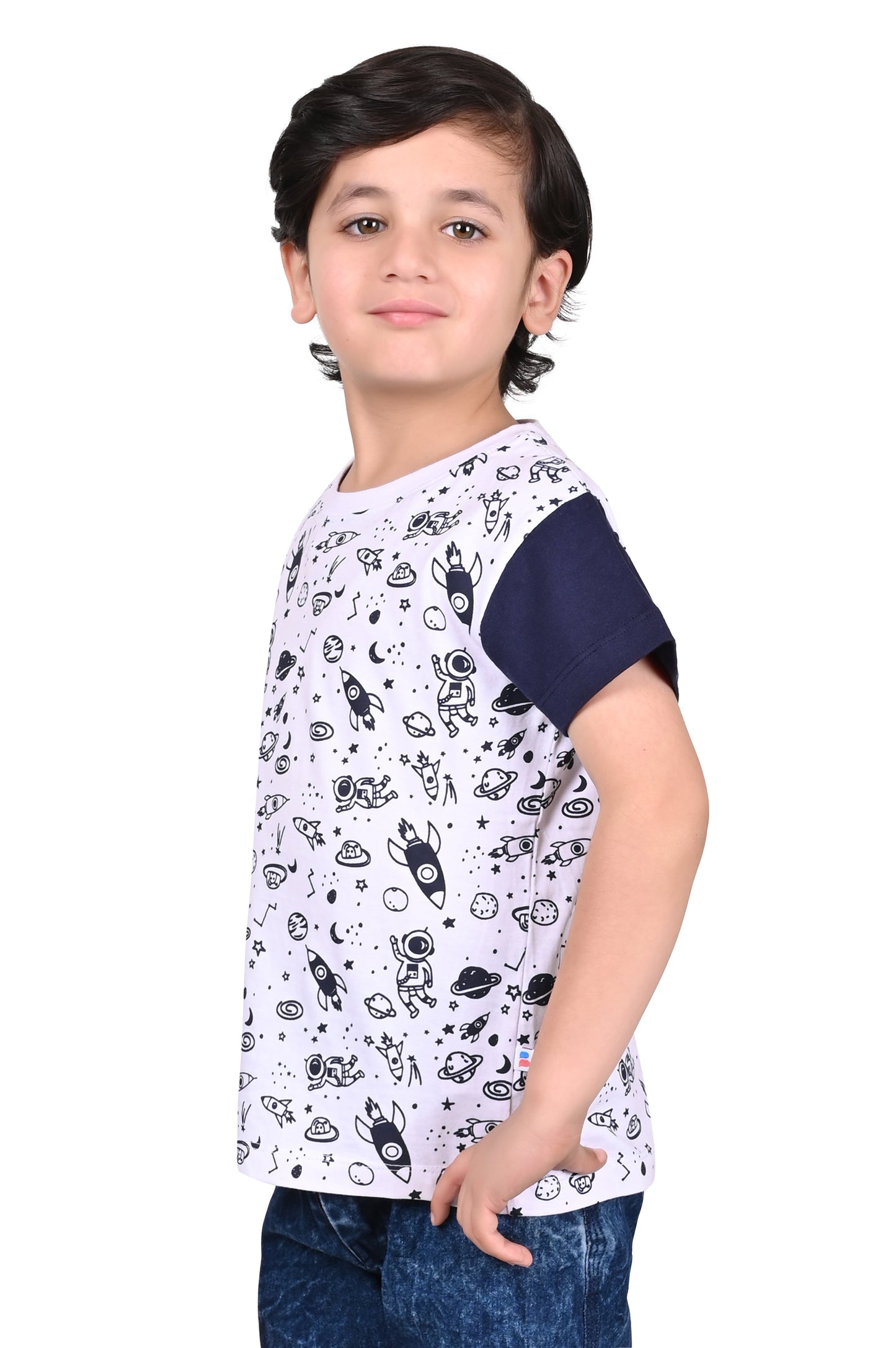 Blue and White Boys Cotton T-Shirt Printed and Comfortable
