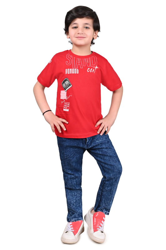 Red with White Printed Casual Half Sleeves Boys Regular fit T-Shirts