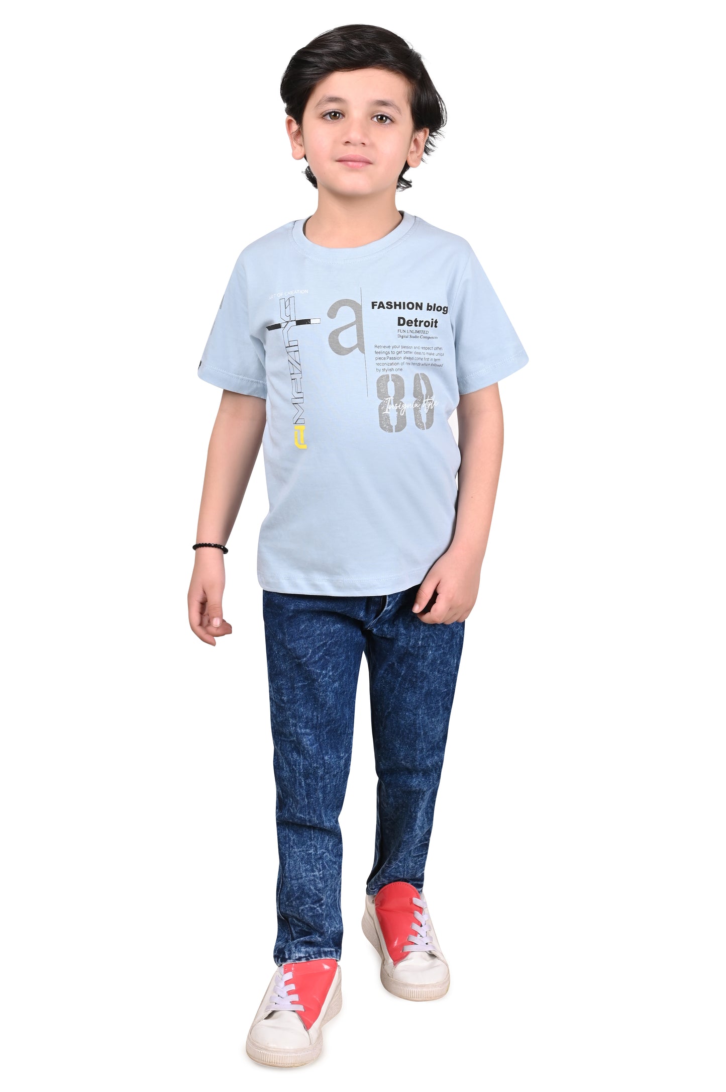 Light Blue Printed Cotton Boys T-Shirt Regular Fit