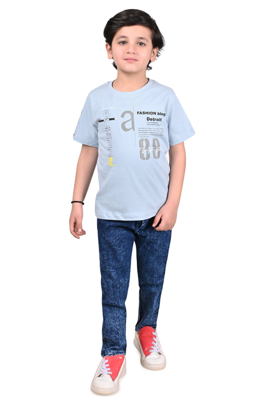 Hazy Blue Printed Casual Boys Regular Fit T-Shirt with Half Sleeves
