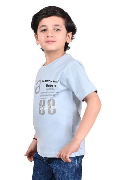Light Blue Printed Cotton Boys T-Shirt Regular Fit