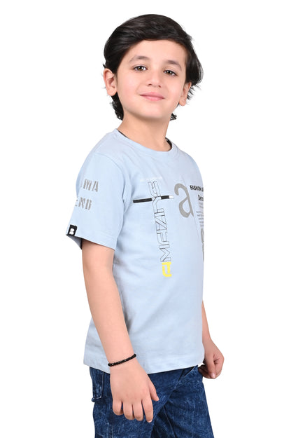 Light Blue Printed Cotton Boys T-Shirt Regular Fit