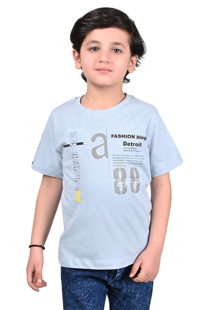 Light Blue Printed Cotton Boys T-Shirt Regular Fit