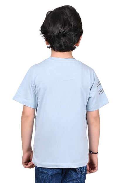 Light Blue Printed Cotton Boys T-Shirt Regular Fit
