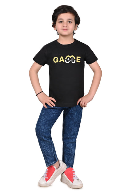 Boy's Black Printed Cotton T-Shirt