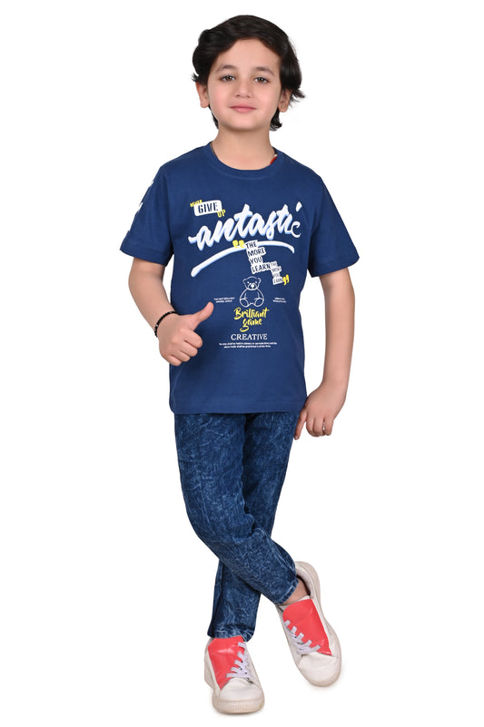 Royal Blue Printed Casual Half Sleeves Boys Regular Fit T-Shirts