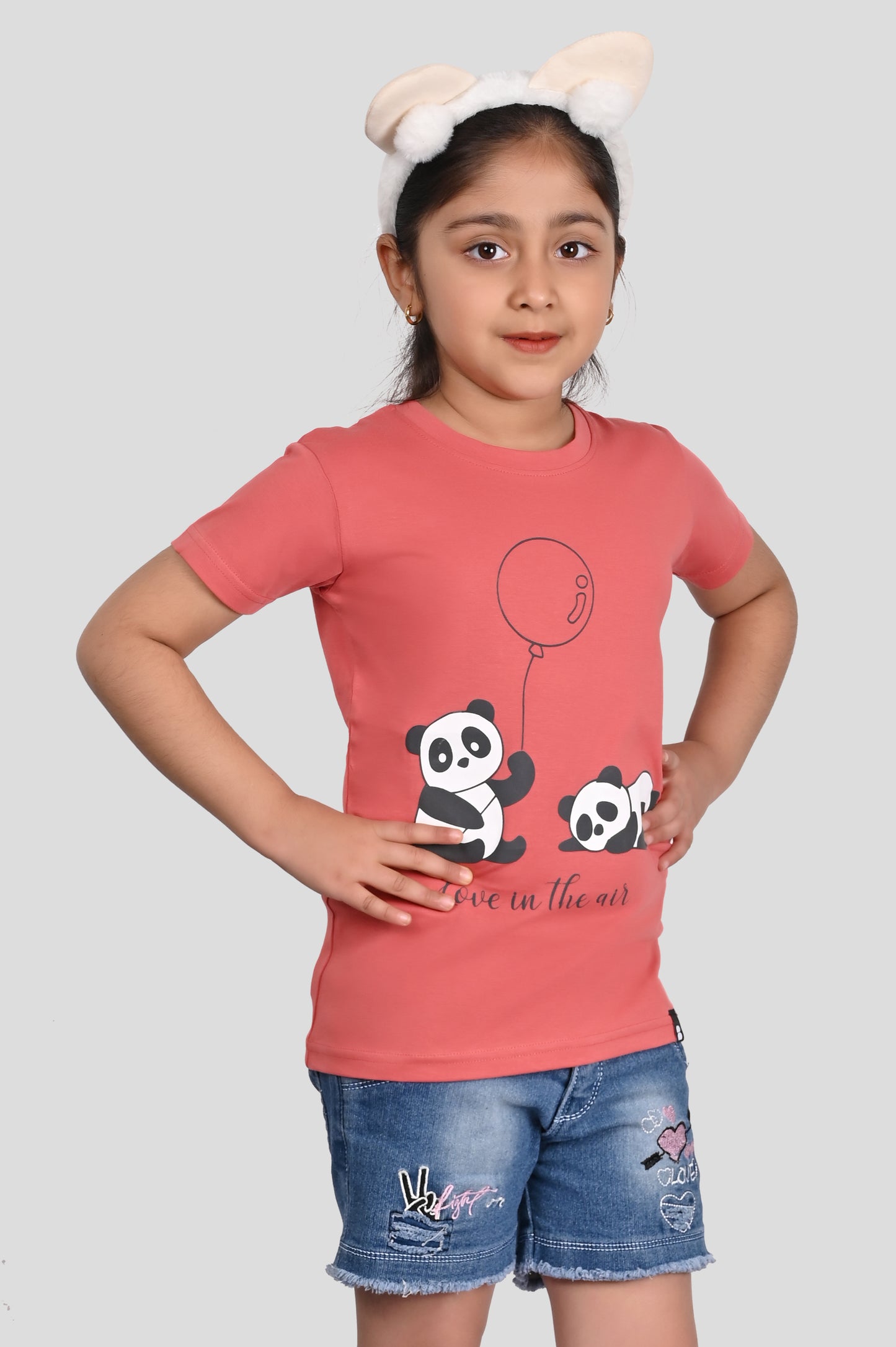 Coral Pink Cotton Printed T-Shirt for Girls