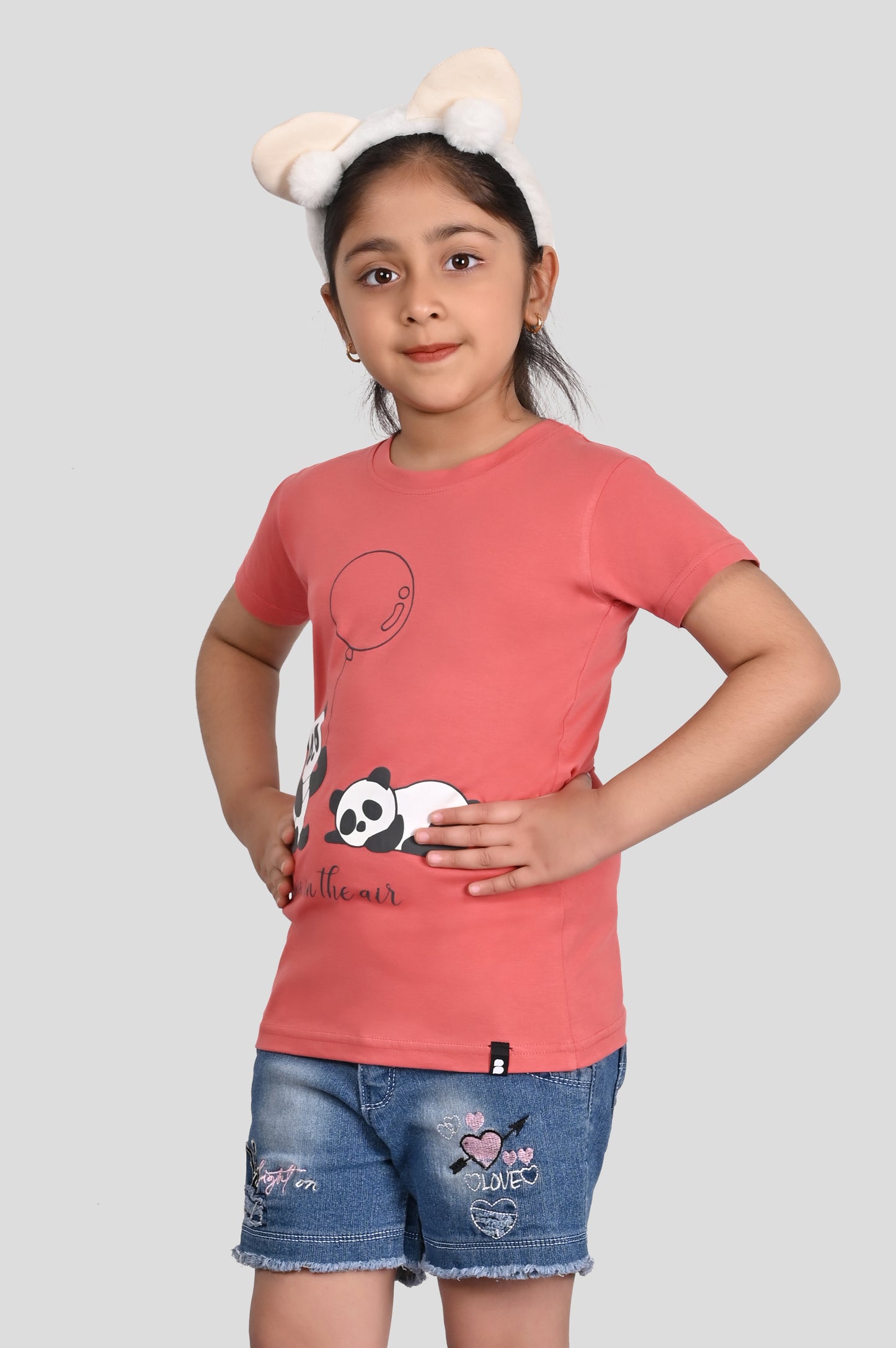 Coral Pink Cotton Printed T-Shirt for Girls