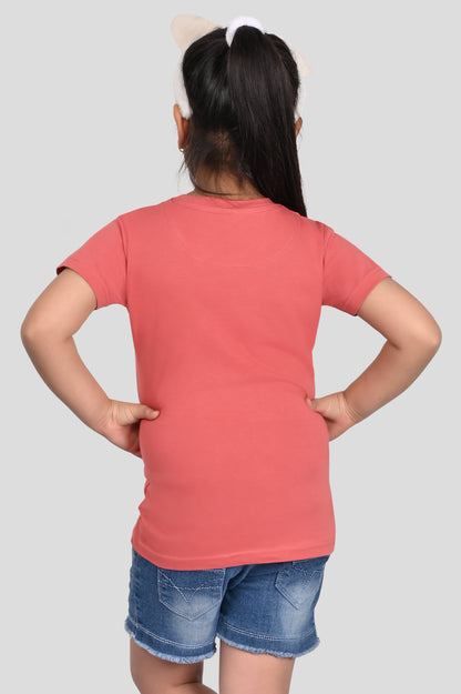 Coral Pink Cotton Printed T-Shirt for Girls